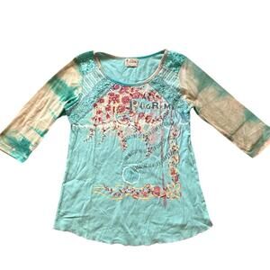 Vintage Edista Made in USA Lace Sequin Floral Tie Dye Graphic Top Women’s Large